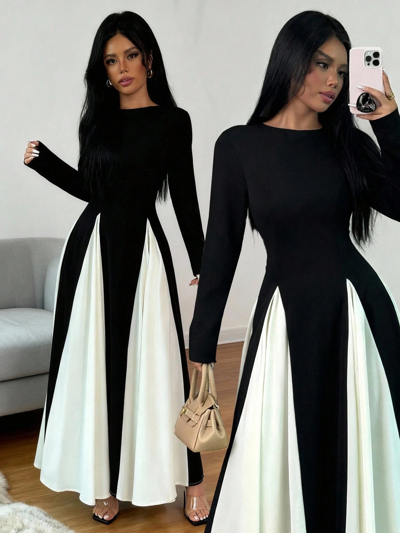 Color Block Long Sleeve Round Neck Patchwork Casual & Office Dress