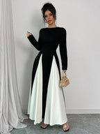 Color Block Long Sleeve Round Neck Patchwork Casual & Office Dress