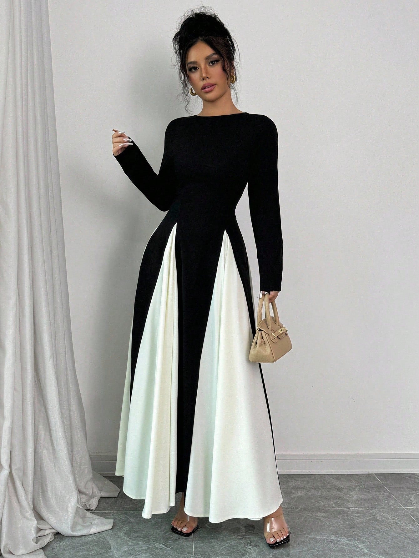 Color Block Long Sleeve Round Neck Patchwork Casual & Office Dress