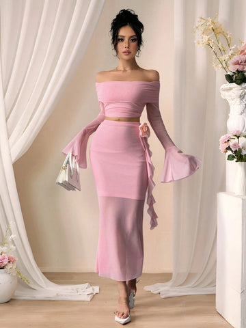 Fashionable Sexy Long Sleeve Off Shoulder Crop Top And Bodycon Skirt