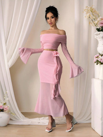Fashionable Sexy Long Sleeve Off Shoulder Crop Top And Bodycon Skirt