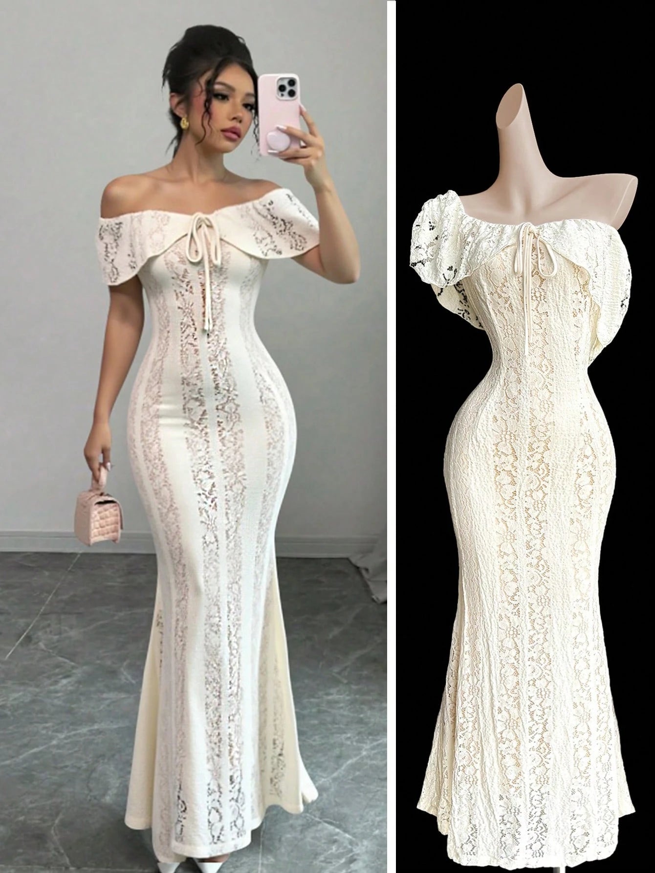 Women's Off Shoulder High Elastic Lace Sexy Romantic Elegant Dress