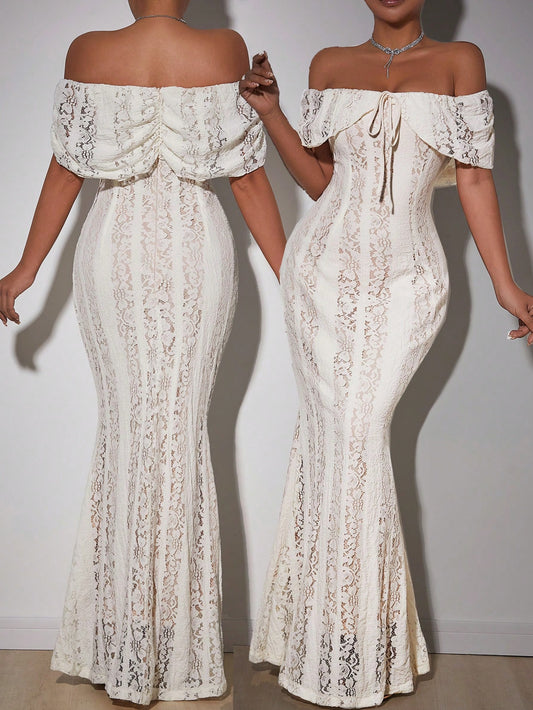 Women's Off Shoulder High Elastic Lace Sexy Romantic Elegant Dress