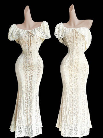 Women's Off Shoulder High Elastic Lace Sexy Romantic Elegant Dress