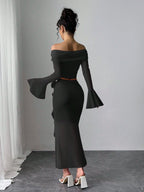 Fashionable Sexy Long Sleeve Off Shoulder Crop Top And Bodycon Skirt shein