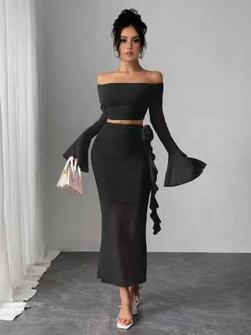 Fashionable Sexy Long Sleeve Off Shoulder Crop Top And Bodycon Skirt