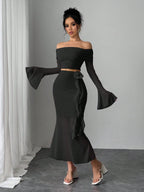 Fashionable Sexy Long Sleeve Off Shoulder Crop Top And Bodycon Skirt shein