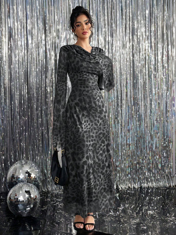 Women's Leopard Print Plunge Neck Flare Sleeve Bodycon Dress