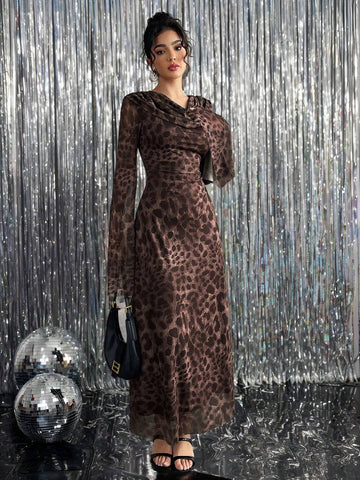 Women's Leopard Print Plunge Neck Flare Sleeve Bodycon Dress