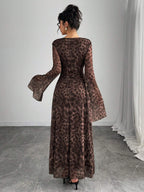 Women's Leopard Print Plunge Neck Flare Sleeve Bodycon Dress shein