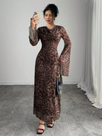 Women's Leopard Print Plunge Neck Flare Sleeve Bodycon Dress shein