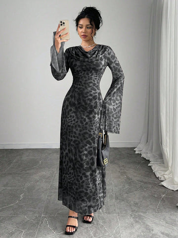 Women's Leopard Print Plunge Neck Flare Sleeve Bodycon Dress