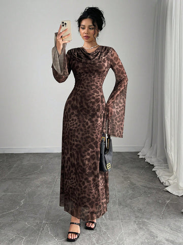 Women's Leopard Print Plunge Neck Flare Sleeve Bodycon Dress