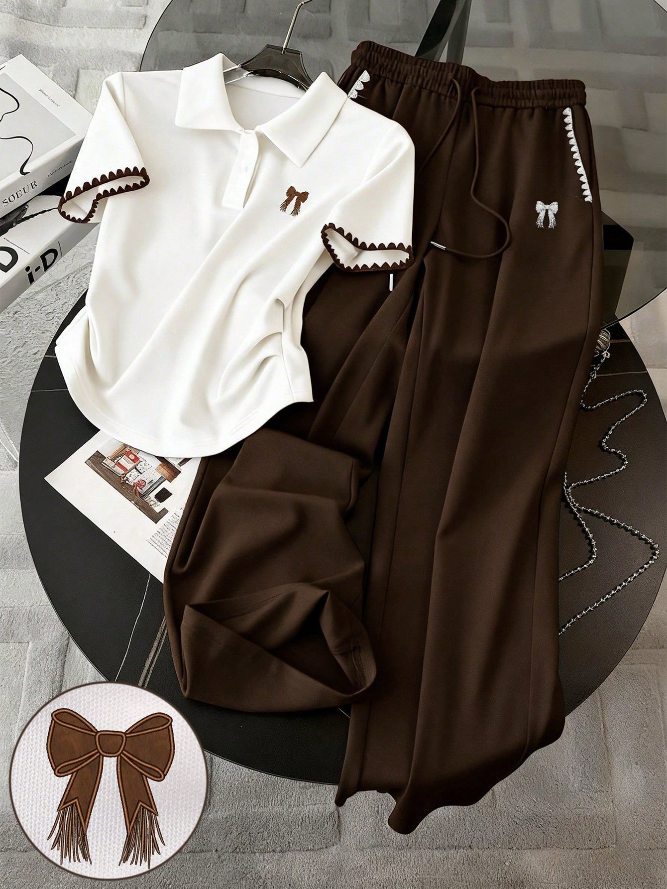 Embroidered Fashionable Minimalist Women's Polo Collar T-Shirt + Pants shein