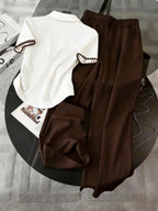 Embroidered Fashionable Minimalist Women's Polo Collar T-Shirt + Pants shein