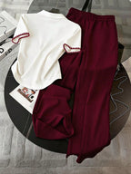 Embroidered Fashionable Minimalist Women's Polo Collar T-Shirt + Pants shein