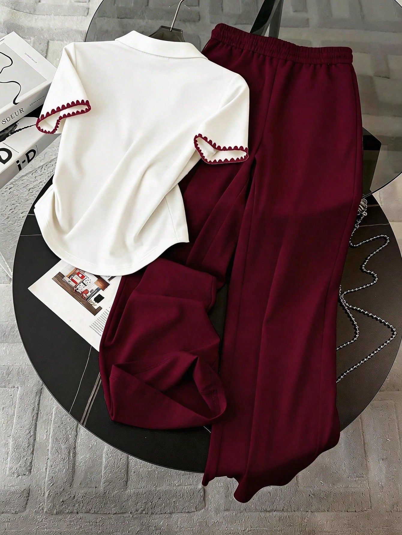 Embroidered Fashionable Minimalist Women's Polo Collar T-Shirt + Pants shein