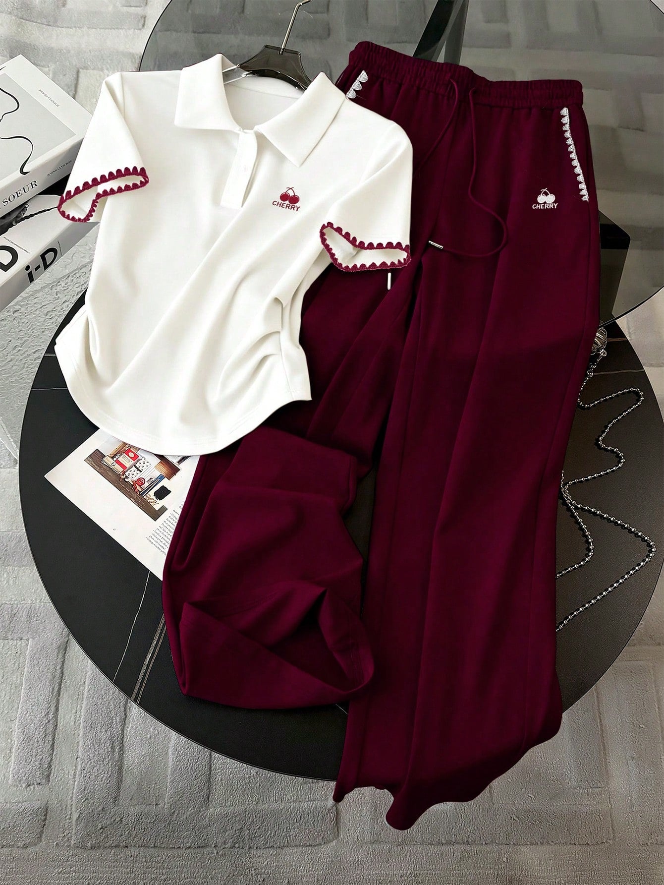 Embroidered Fashionable Minimalist Women's Polo Collar T-Shirt + Pants shein