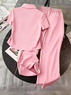 Polka Dot Digital Print, Embroidered Minimalist Polo Collar T-Shirt + Pants shein