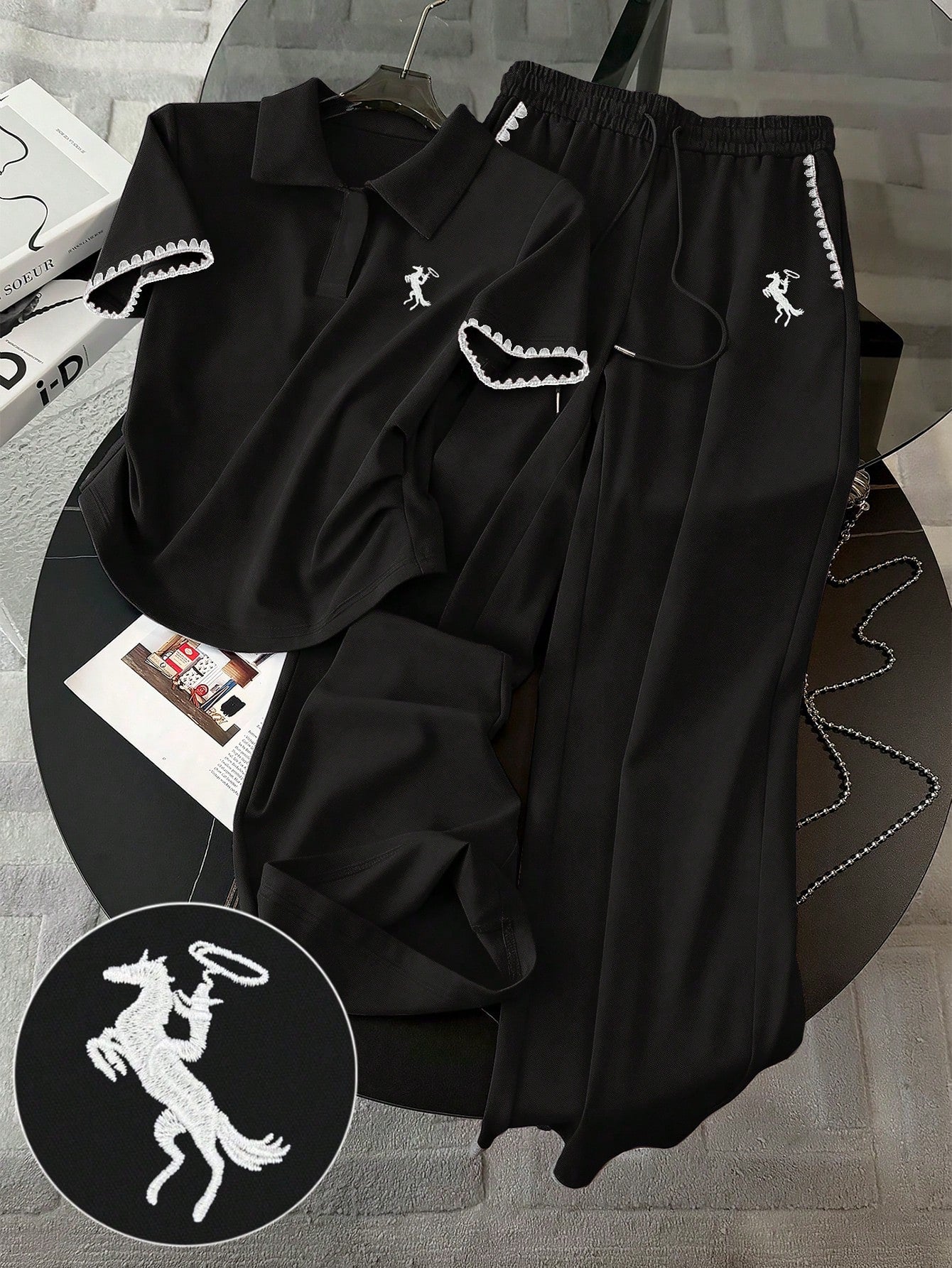 Embroidered Fashionable Minimalist Women's Polo Collar T-Shirt + Pants shein