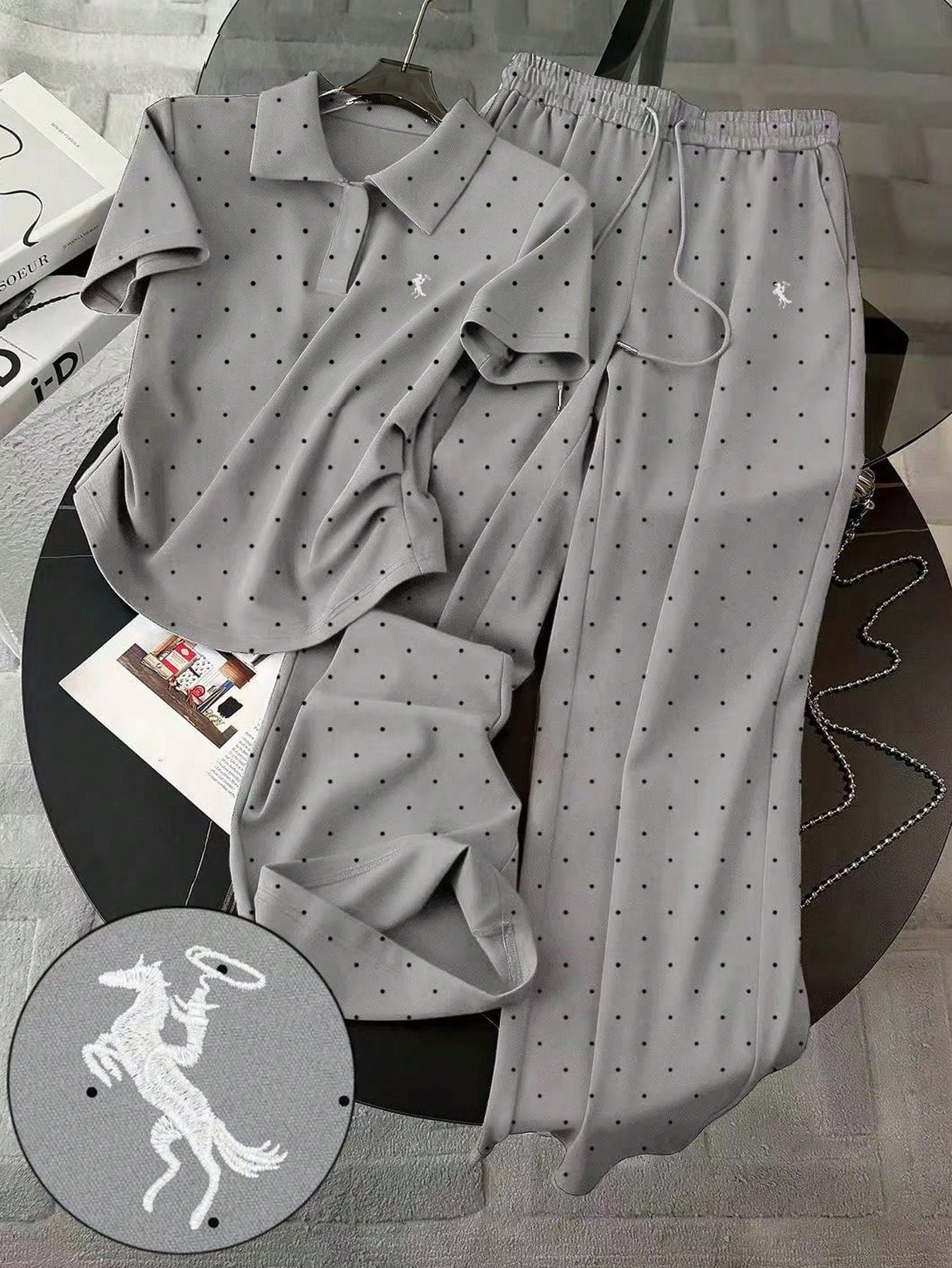Polka Dot Digital Print, Embroidered Minimalist Polo Collar T-Shirt + Pants shein