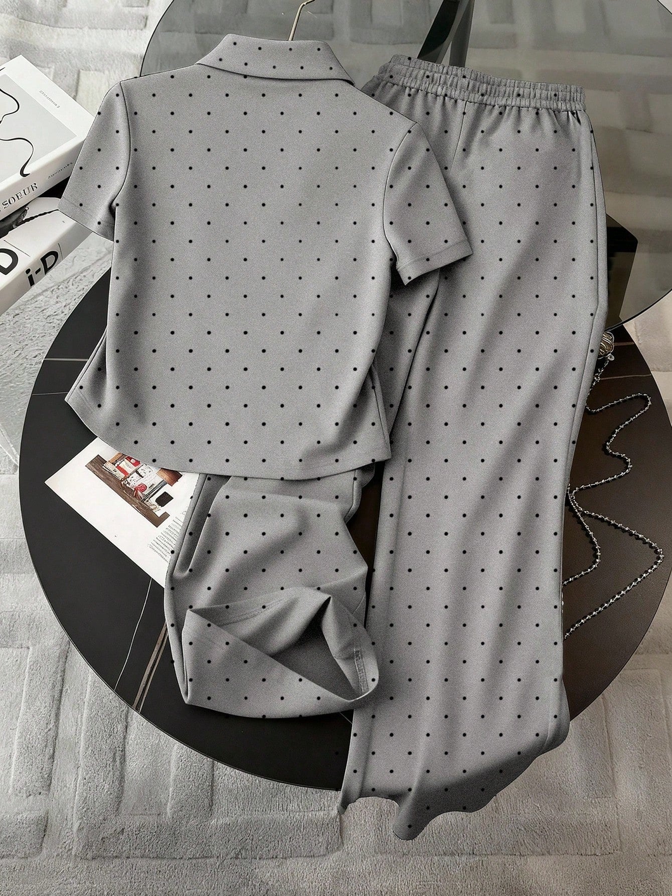 Polka Dot Digital Print, Embroidered Minimalist Polo Collar T-Shirt + Pants shein