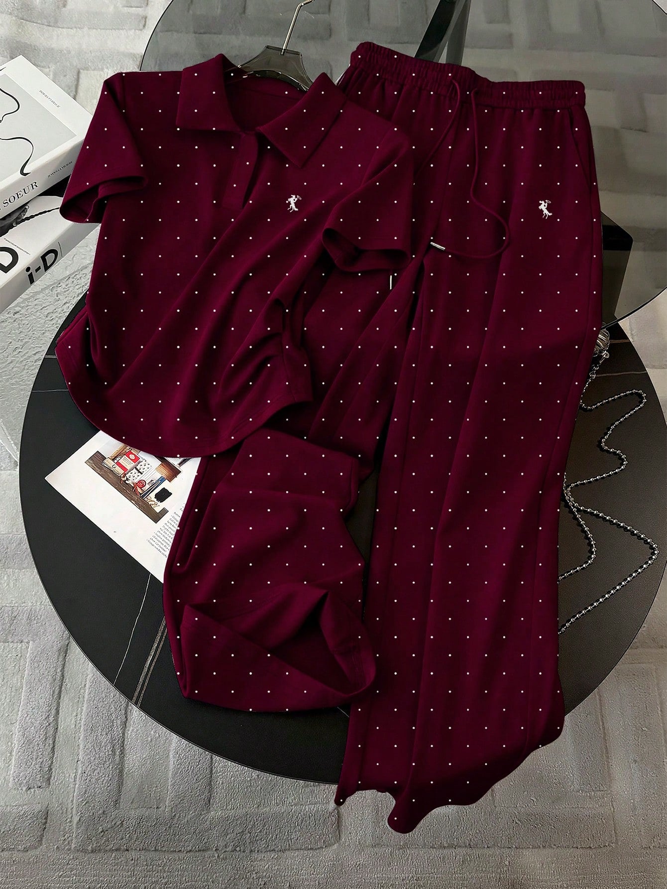Polka Dot Digital Print, Embroidered Minimalist Polo Collar T-Shirt + Pants shein