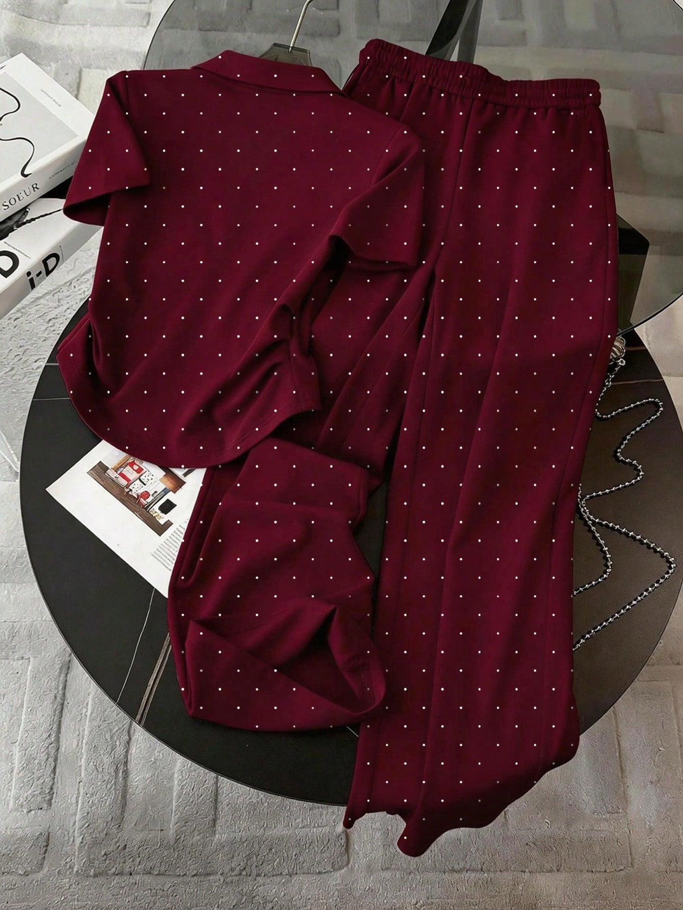 Polka Dot Digital Print, Embroidered Minimalist Polo Collar T-Shirt + Pants shein
