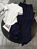 Embroidered Fashionable Minimalist Women's Polo Collar T-Shirt + Pants shein