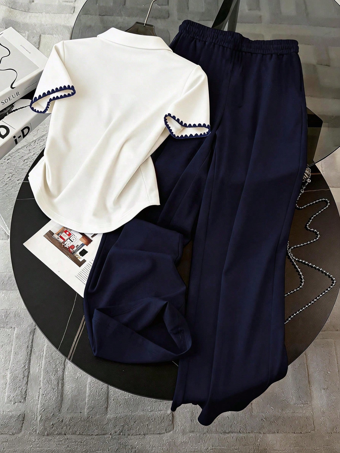 Embroidered Fashionable Minimalist Women's Polo Collar T-Shirt + Pants shein