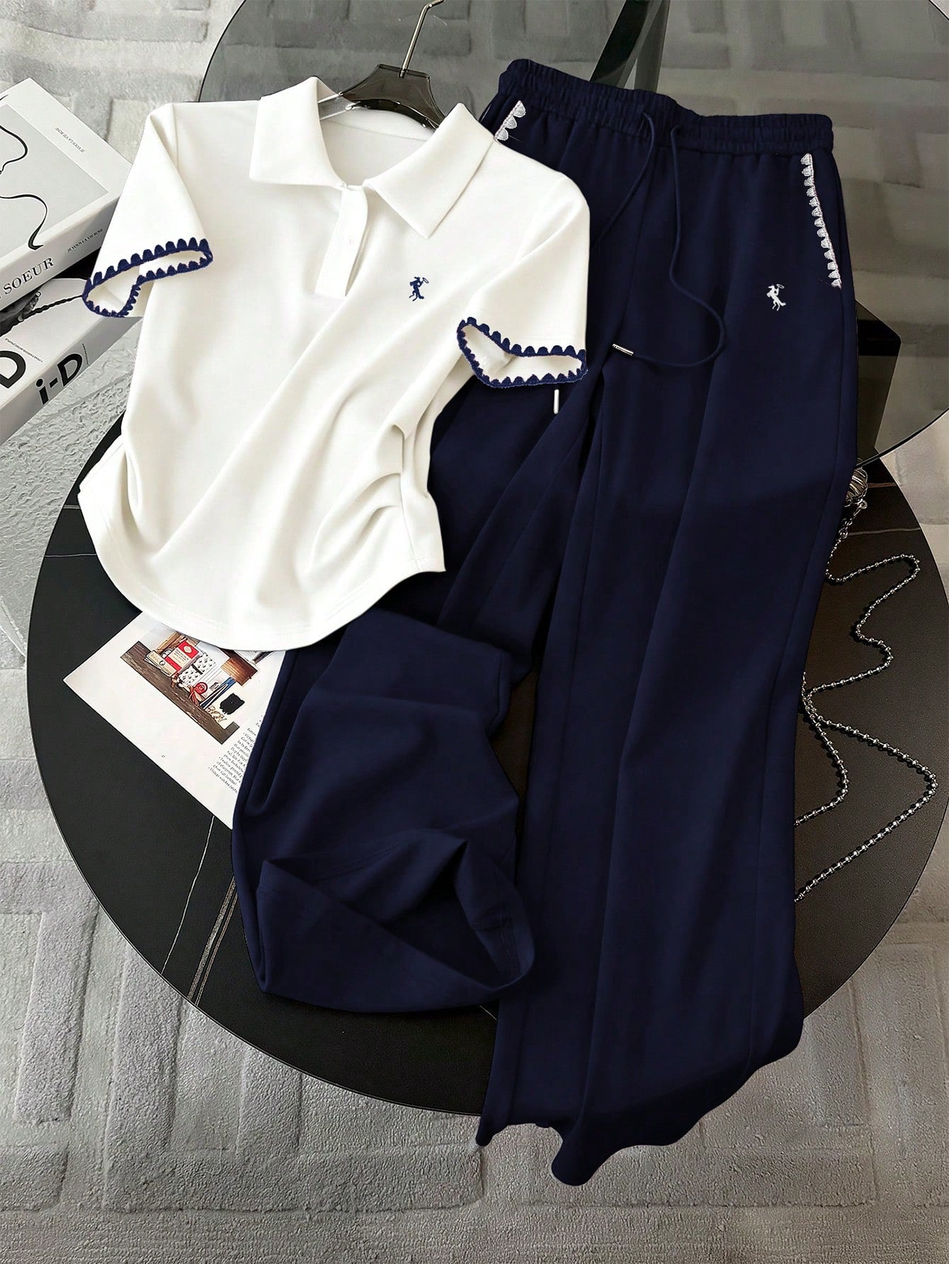 Embroidered Fashionable Minimalist Women's Polo Collar T-Shirt + Pants shein