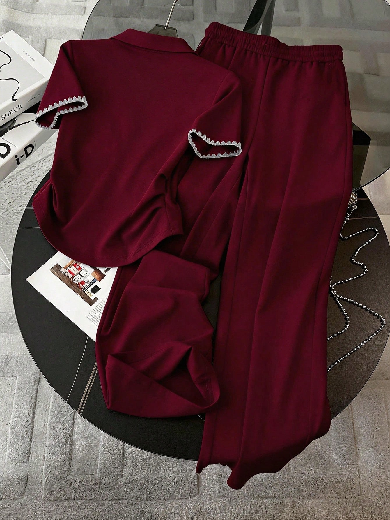Embroidered Fashionable Minimalist Women's Polo Collar T-Shirt + Pants shein