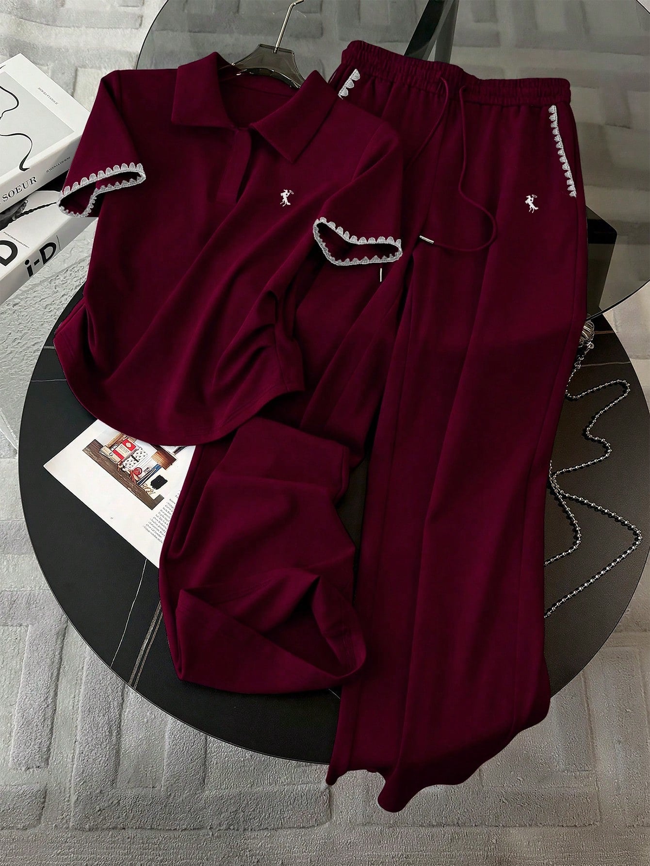 Embroidered Fashionable Minimalist Women's Polo Collar T-Shirt + Pants shein