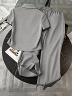 Embroidered Fashionable Minimalist Women's Polo Collar T-Shirt + Pants shein