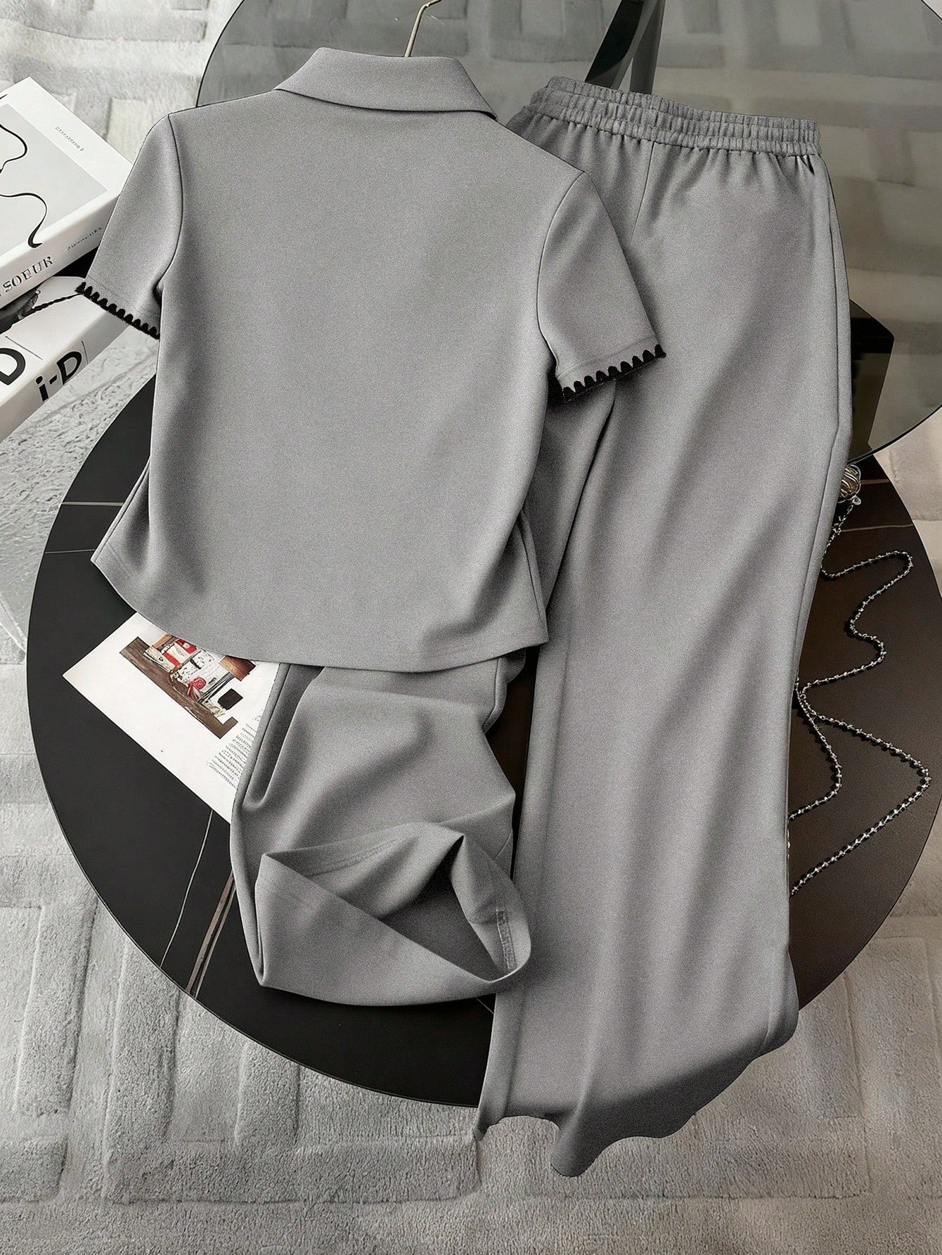 Embroidered Fashionable Minimalist Women's Polo Collar T-Shirt + Pants shein