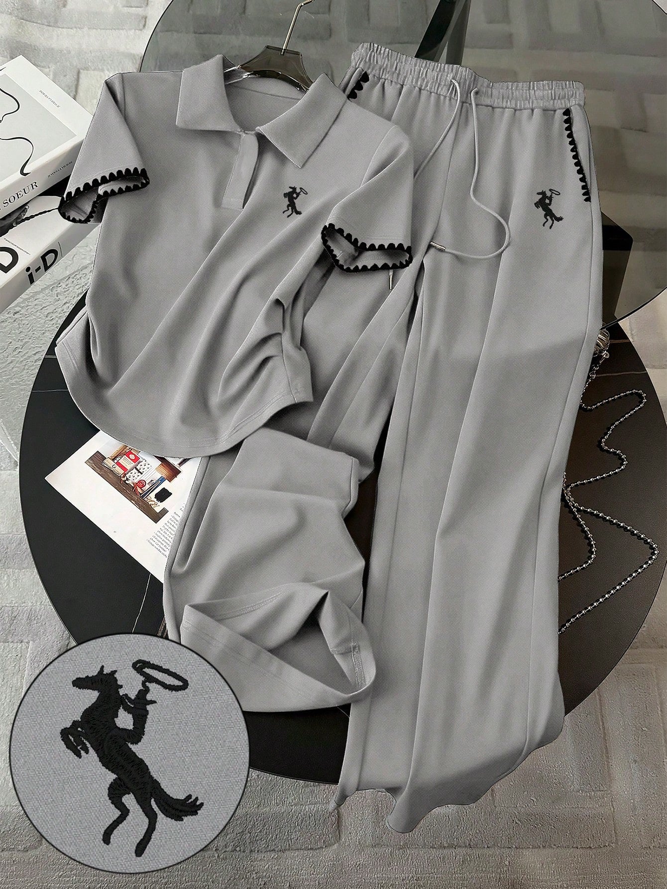 Embroidered Fashionable Minimalist Women's Polo Collar T-Shirt + Pants shein