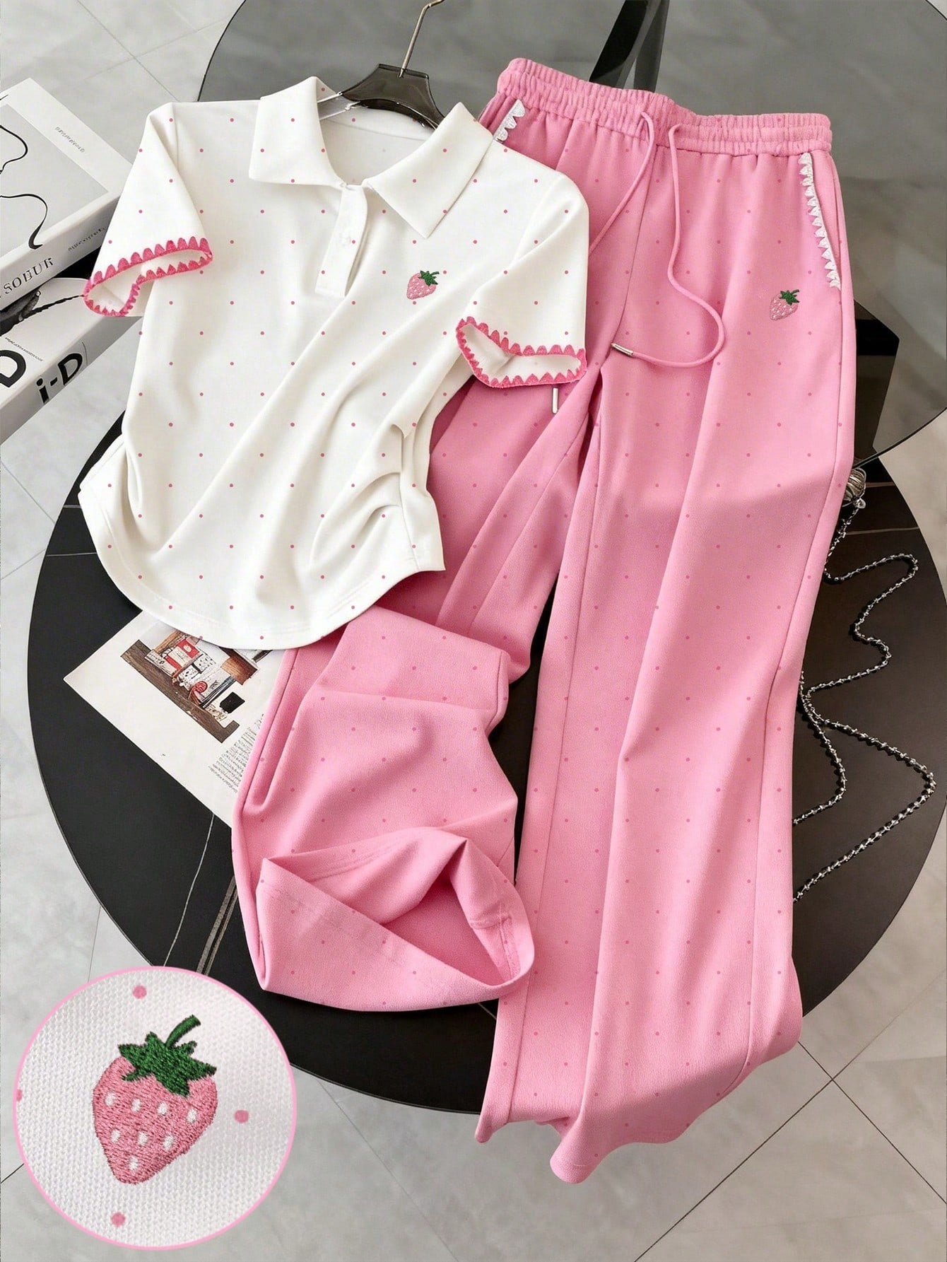 Polka Dot Digital Print, Embroidered Minimalist Polo Collar T-Shirt + Pants shein