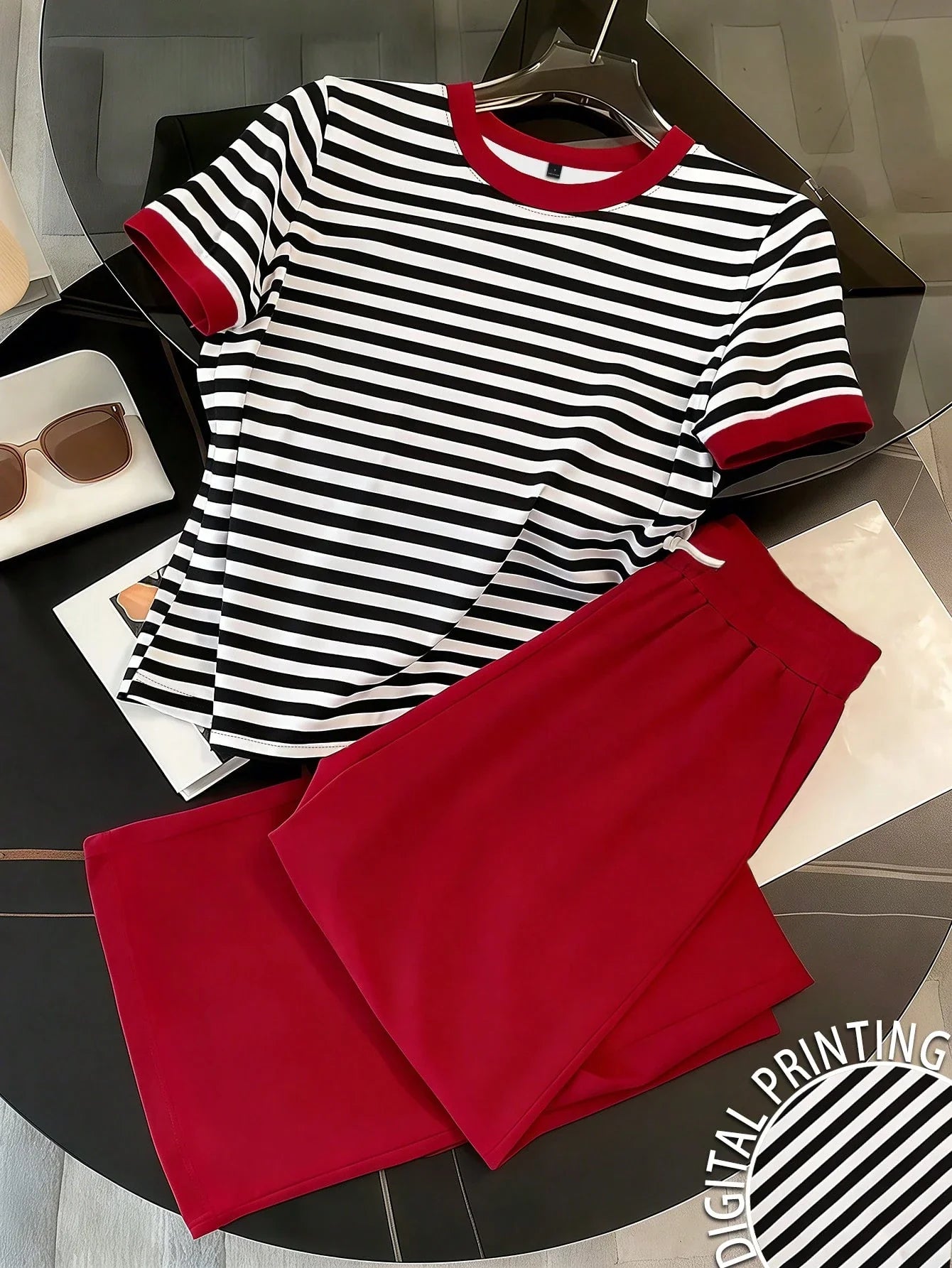 2pcs Women Casual Striped T-Shirt & Pants Set shein