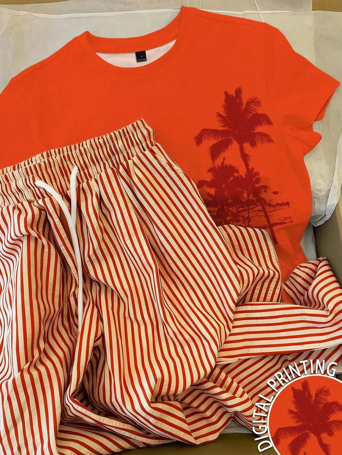 2pcs Women Casual Striped T-Shirt & Pants Set shein