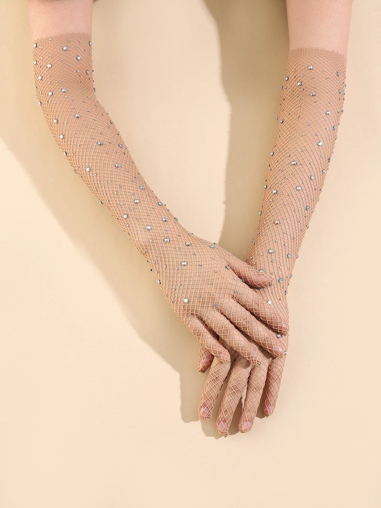 Rhinestone Decor Fishnet Long Gloves shein