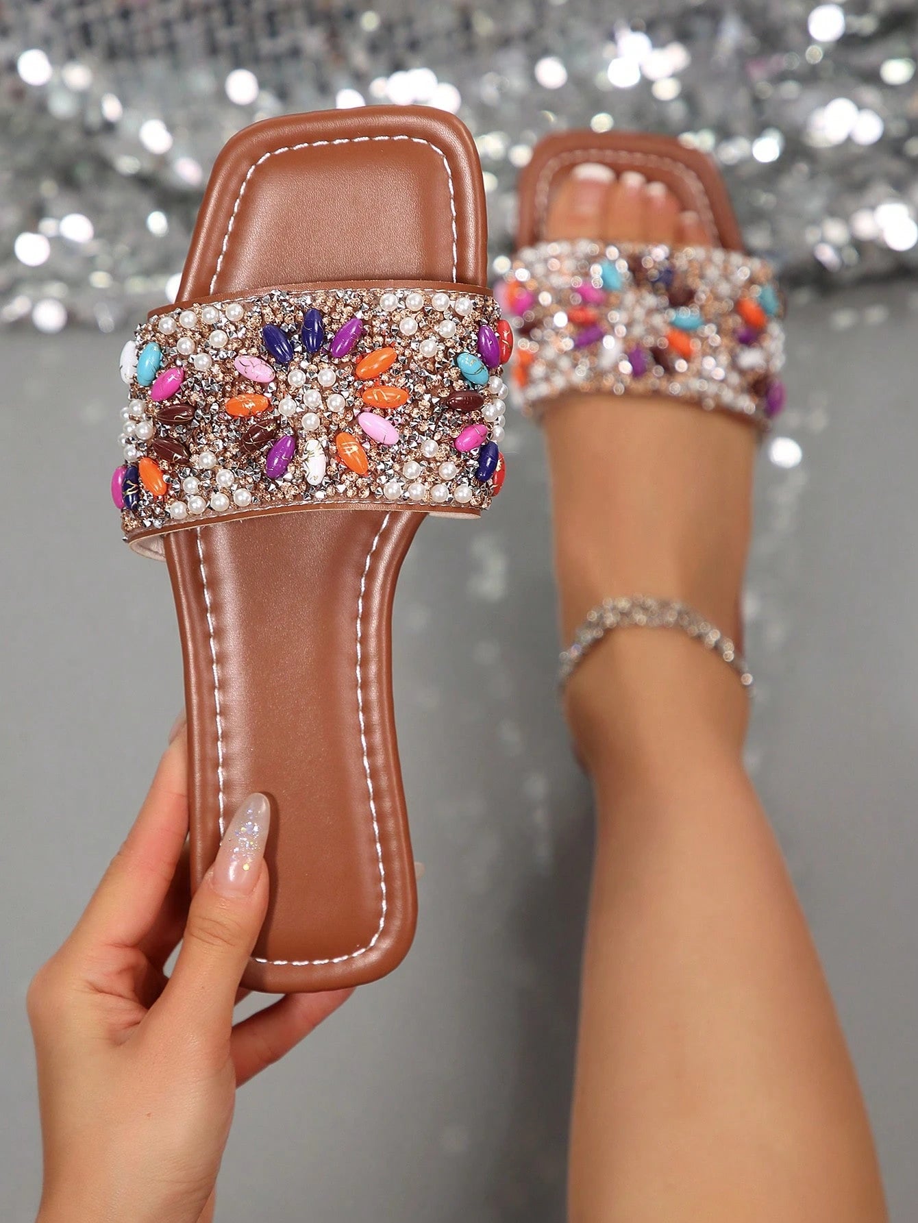Rhinestone Embellished Slip-On Sandals shein