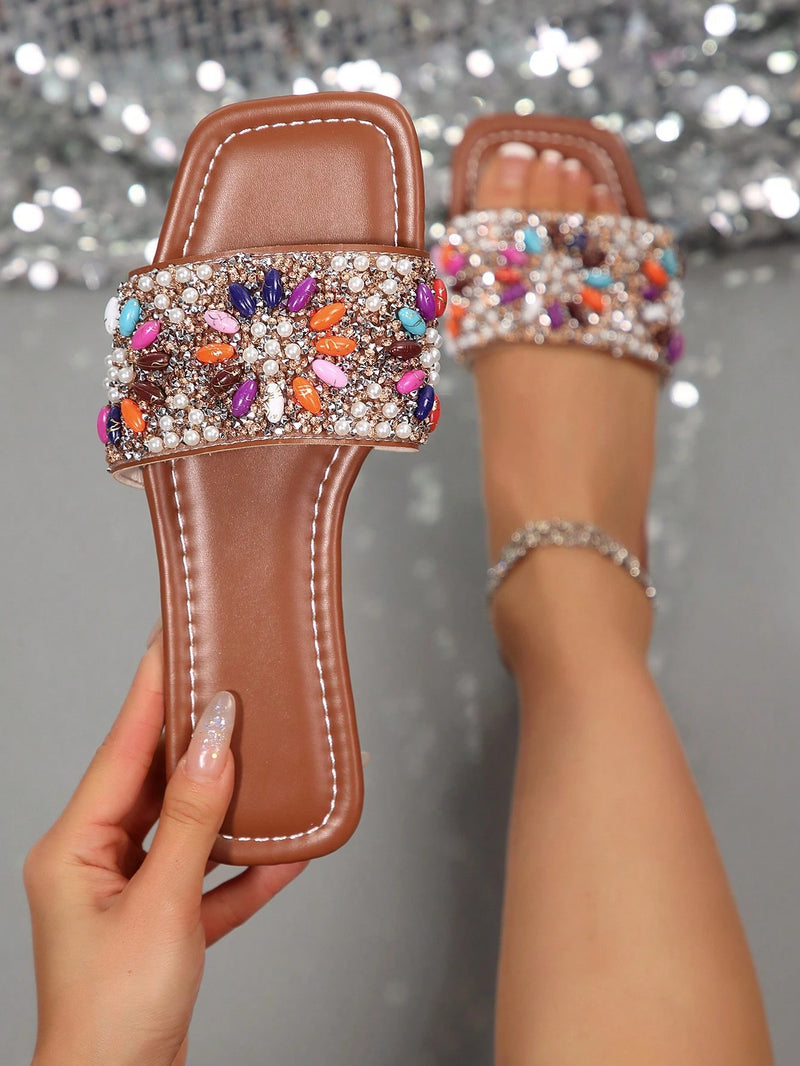 Rhinestone Embellished Slip-On Sandals shein