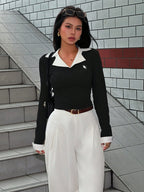 Women's Casual Colorblock Lapel Long Sleeve Top shein