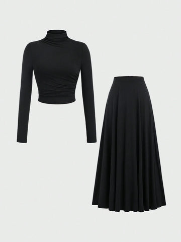Women Elegant Stand Collar Long Sleeve T-Shirt And Long Knit Skirt Set
