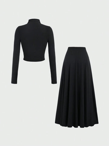 Women Elegant Stand Collar Long Sleeve T-Shirt And Long Knit Skirt Set