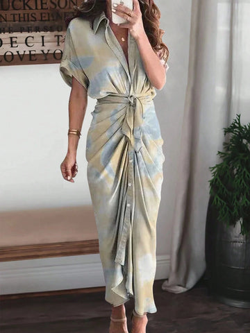 atwing Sleeve Ruched Button Fitted Tie Dye Tie-Dye Print Dress With Short Sleeves