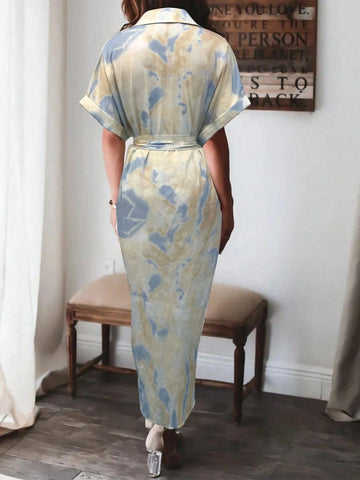 atwing Sleeve Ruched Button Fitted Tie Dye Tie-Dye Print Dress With Short Sleeves
