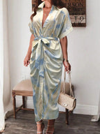 atwing Sleeve Ruched Button Fitted Tie Dye Tie-Dye Print Dress With Short Sleeves shein