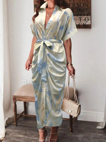 atwing Sleeve Ruched Button Fitted Tie Dye Tie-Dye Print Dress With Short Sleeves