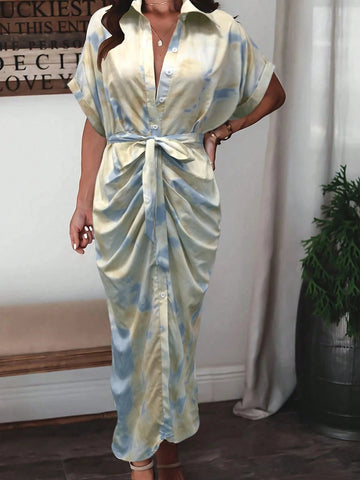 atwing Sleeve Ruched Button Fitted Tie Dye Tie-Dye Print Dress With Short Sleeves